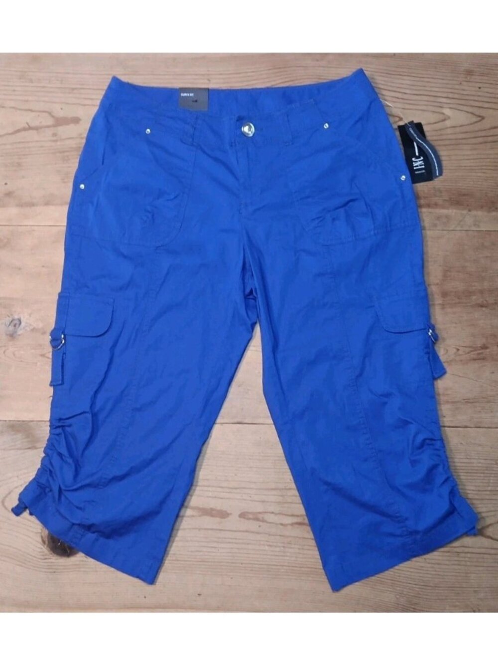 INC Curvy Fit Capri Pants Women 4 Cargo Utility Goddess Blue Mariner Ruched NWT